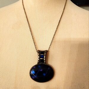 Vintage Pendant Dark Blue  Enamel and Blue Rhinestone on Silver Chain Necklace